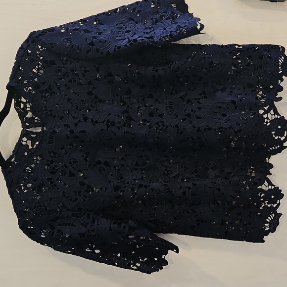 Zara Navy Blue Eyelet Embroidered Lace Top S - Picture 6 of 7
